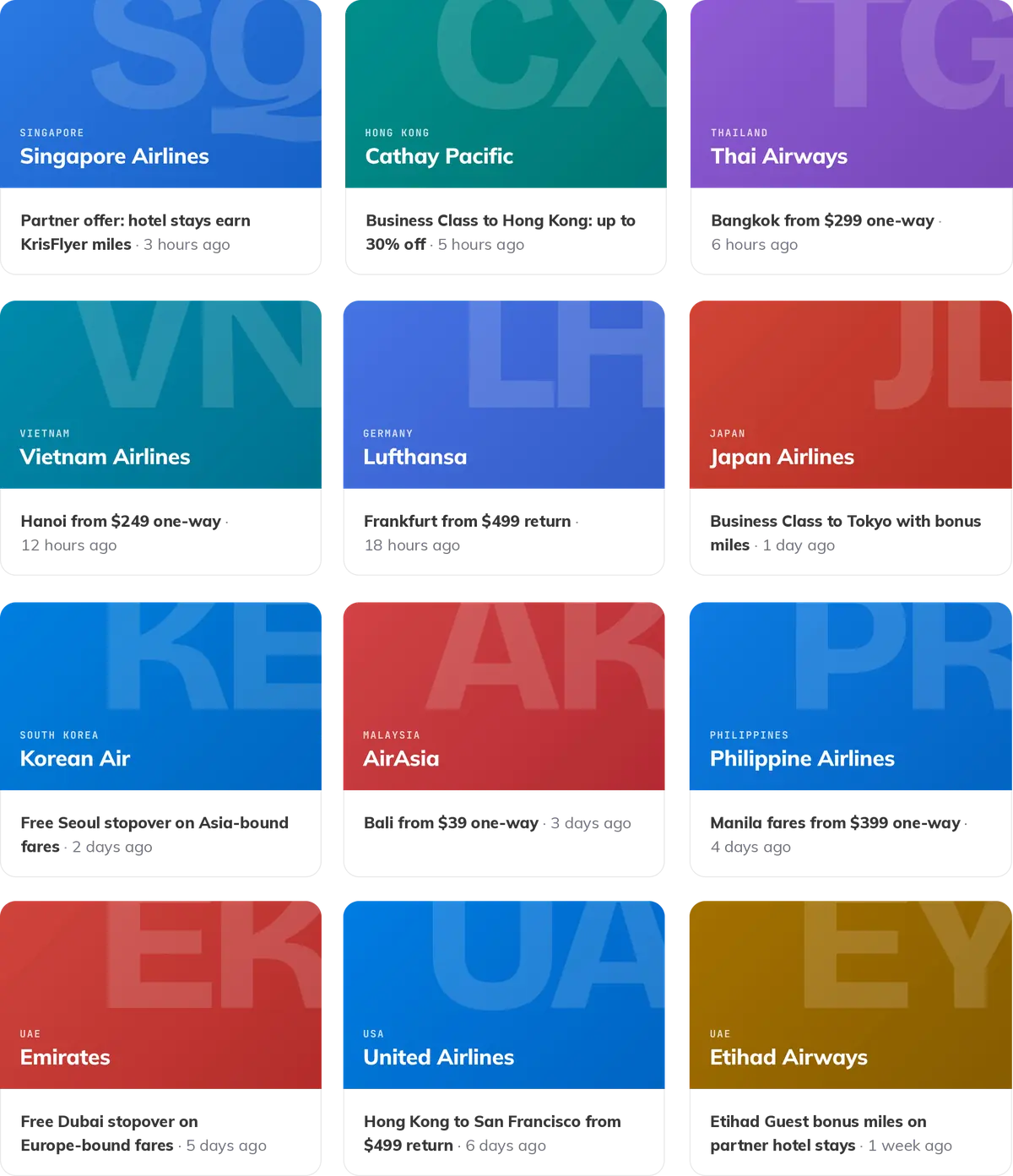 Examples of scored airline offers from airlines such as Emirates, Delta, Qantas, Lufthansa, United, Singapore Airlines, Cathay Pacific and Qatar Airways