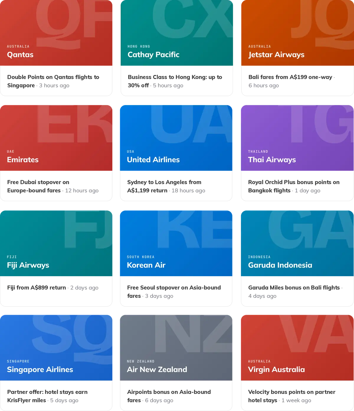 Examples of scored airline offers from airlines such as Emirates, Delta, Qantas, Lufthansa, United, Singapore Airlines, Cathay Pacific and Qatar Airways