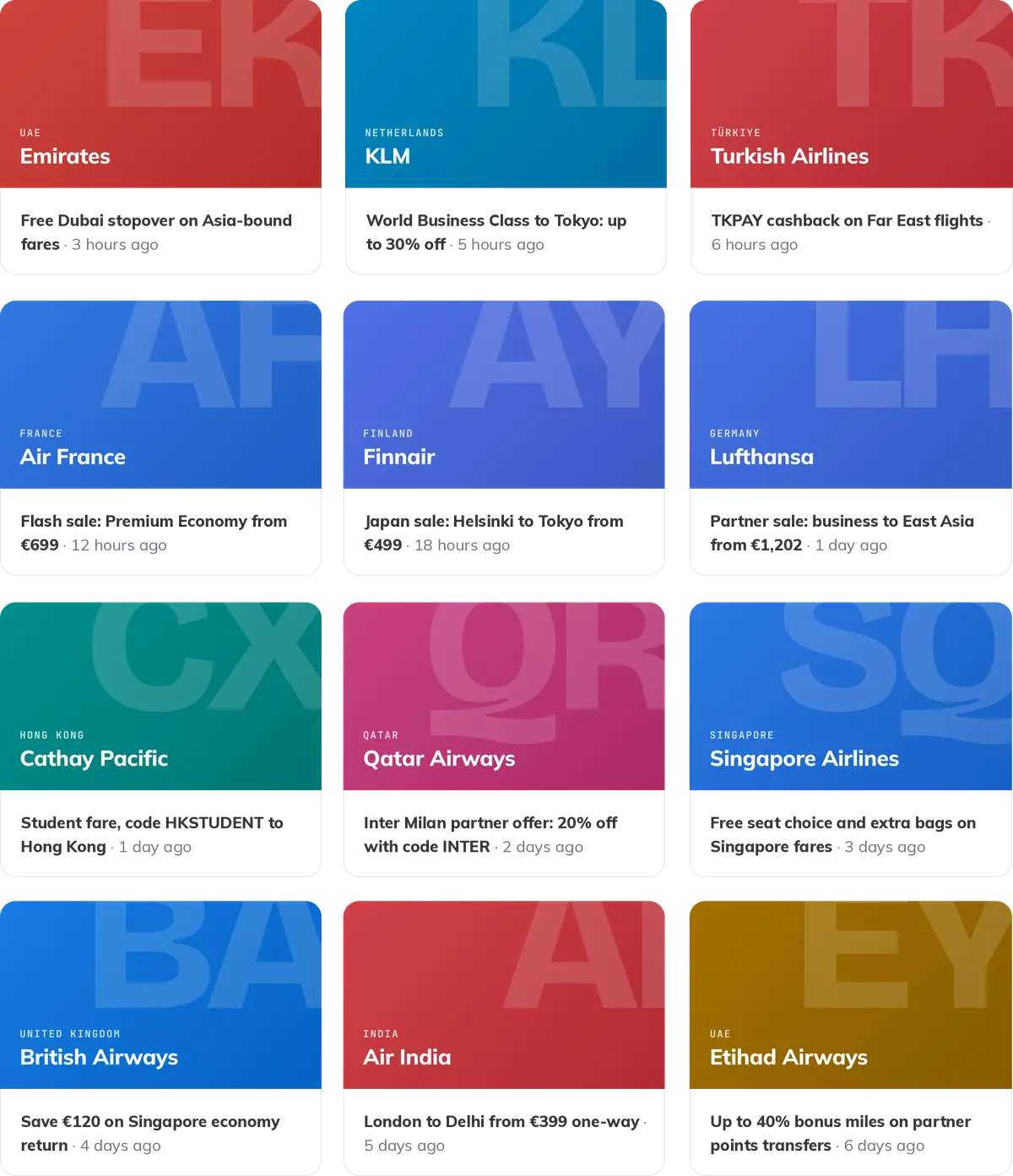 Examples of scored airline offers from airlines such as Emirates, Delta, Qantas, Lufthansa, United, Singapore Airlines, Cathay Pacific and Qatar Airways