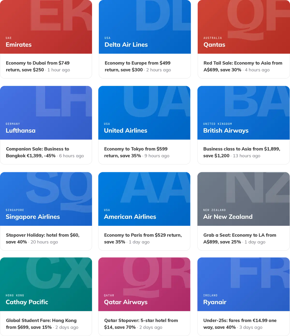 Examples of scored airline offers from airlines such as Emirates, Delta, Qantas, Lufthansa, United, Singapore Airlines, Cathay Pacific and Qatar Airways
