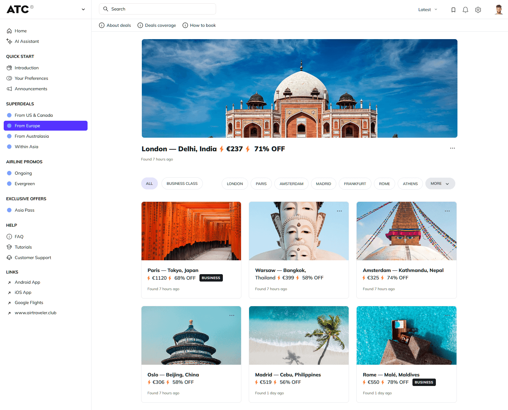 Use Superdeals from Air Traveler Club to book ultracheap flights from Europe to Asia