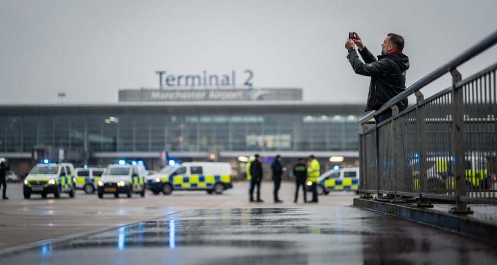 A passenger climbed a bridge fence at Manchester Airport and livestreamed for hours. Police brought £2,700 cash to end it.