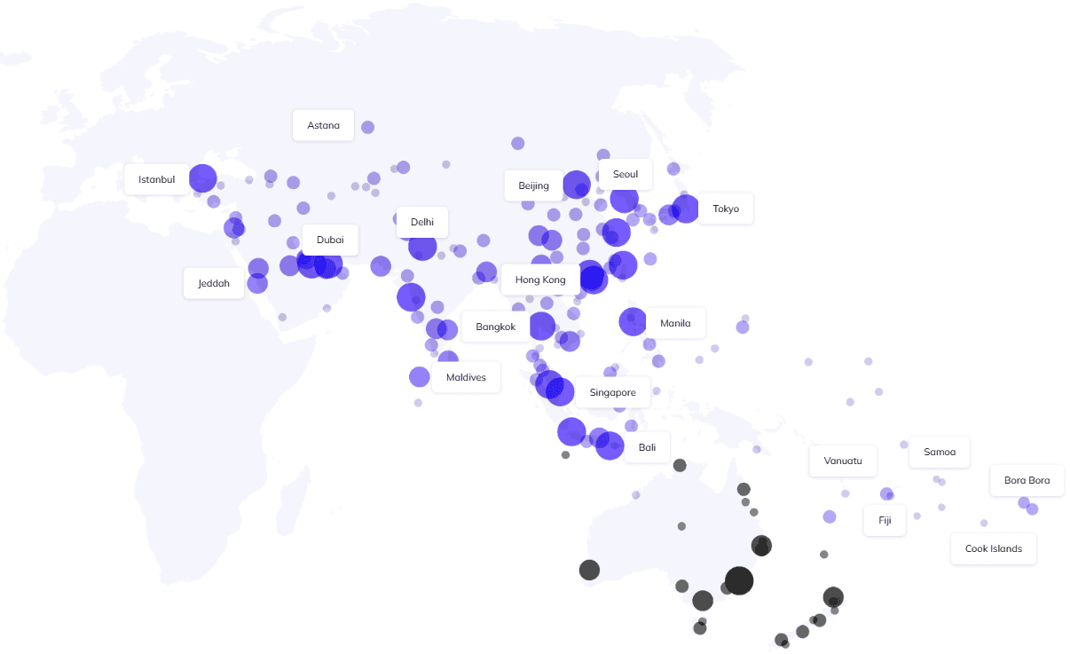 Flight Destinations Map : Asia Pacific From Australia