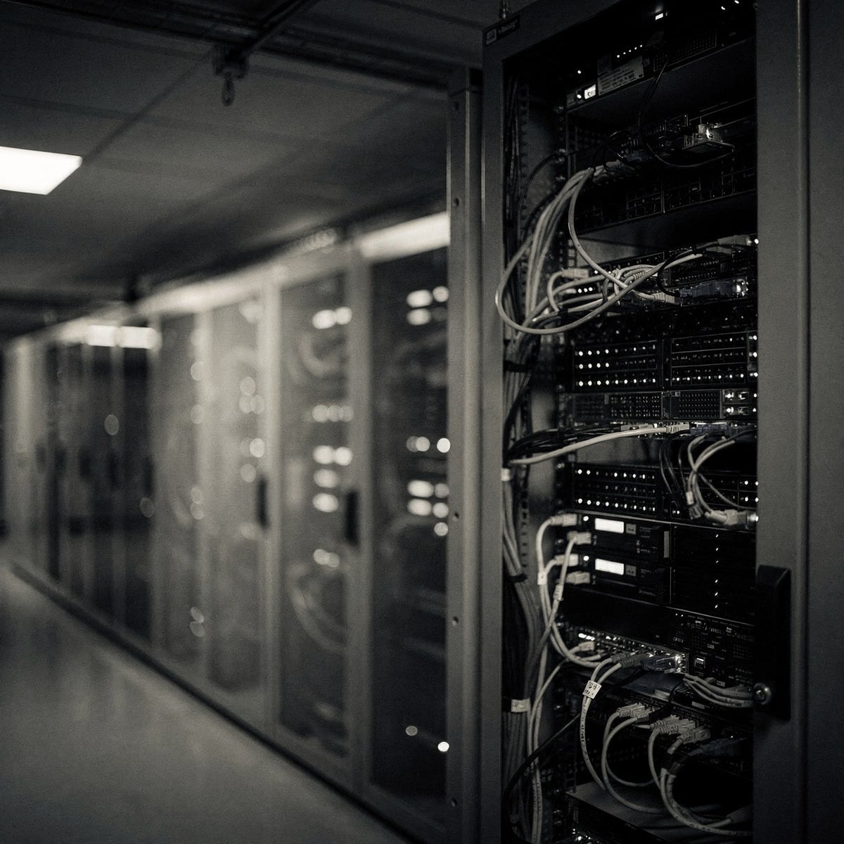 A data center server rack with blinking lights, indicating active data processing, at night.