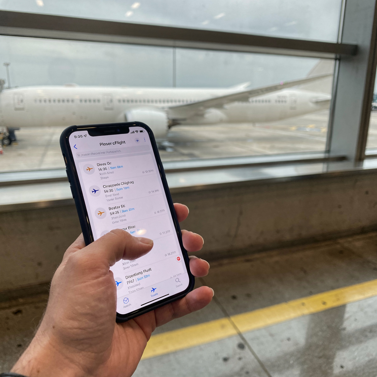 A passenger's hand holds a smartphone displaying a flight tracking application, with a partial view of a Boeing 787 Dreamliner visible through a terminal window in the background.