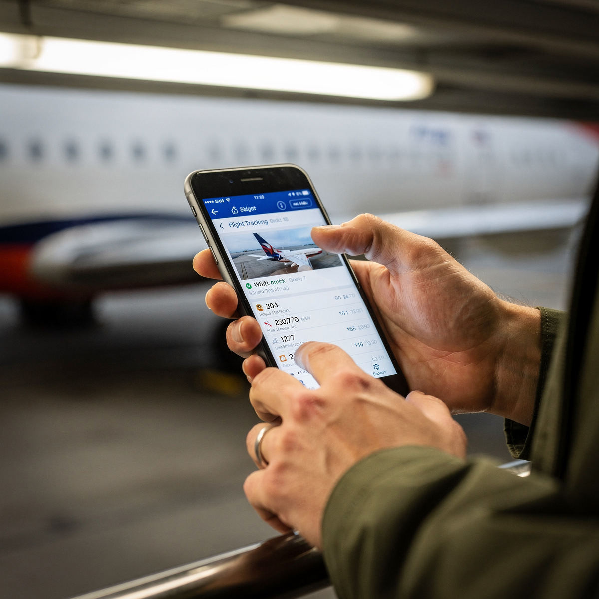 A close-up view of a hand holding a smartphone displaying a flight tracking app, with a partially visible aircraft in the background.