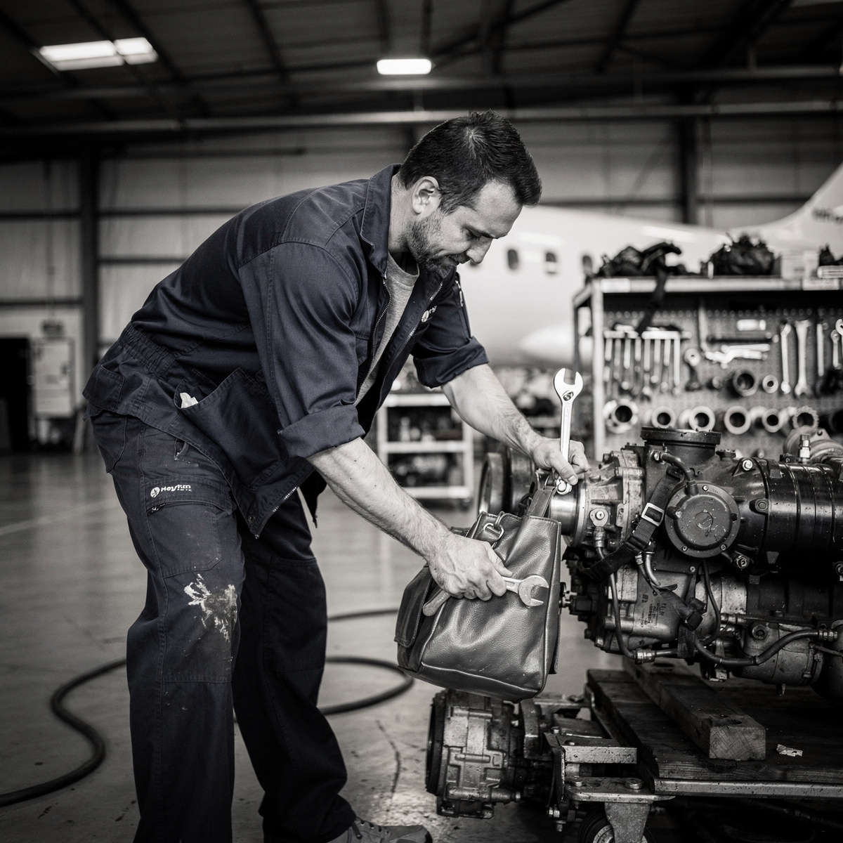 An aircraft maintenance technician in dark blue coveralls works on a complex piece of equipment in a well-lit hangar, with other tools and parts visible in the background.