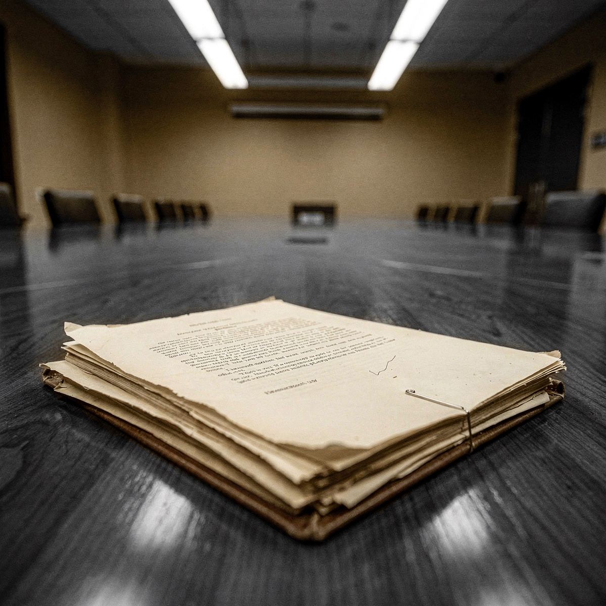 A legal document, likely a treaty or regulation, lying open on a conference table, illuminated by overhead lighting.
