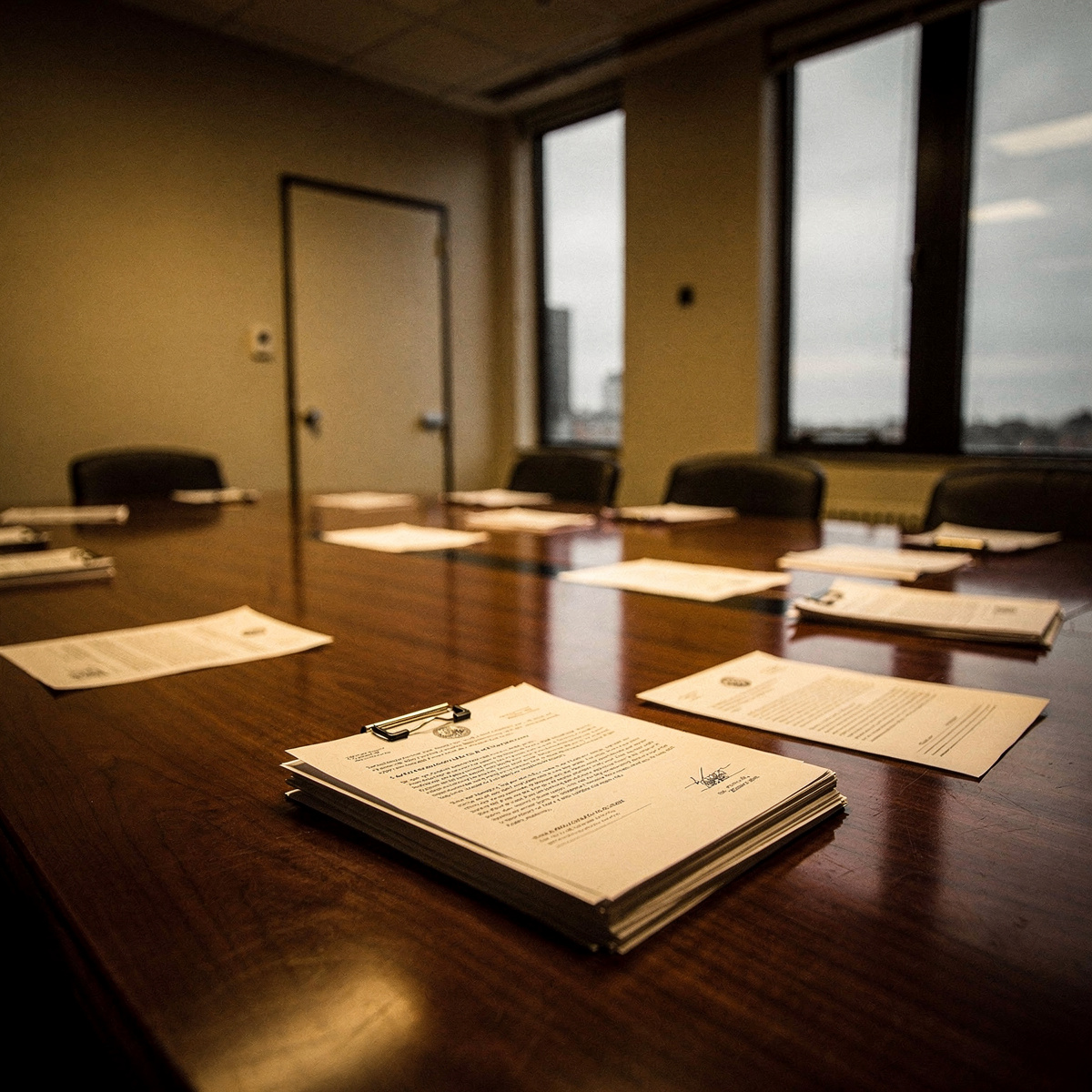 A dimly lit, institutional conference room in the late afternoon, with a large, polished wooden table at its center. Papers and documents are spread across the table, suggesting a recently concluded or paused negotiation.