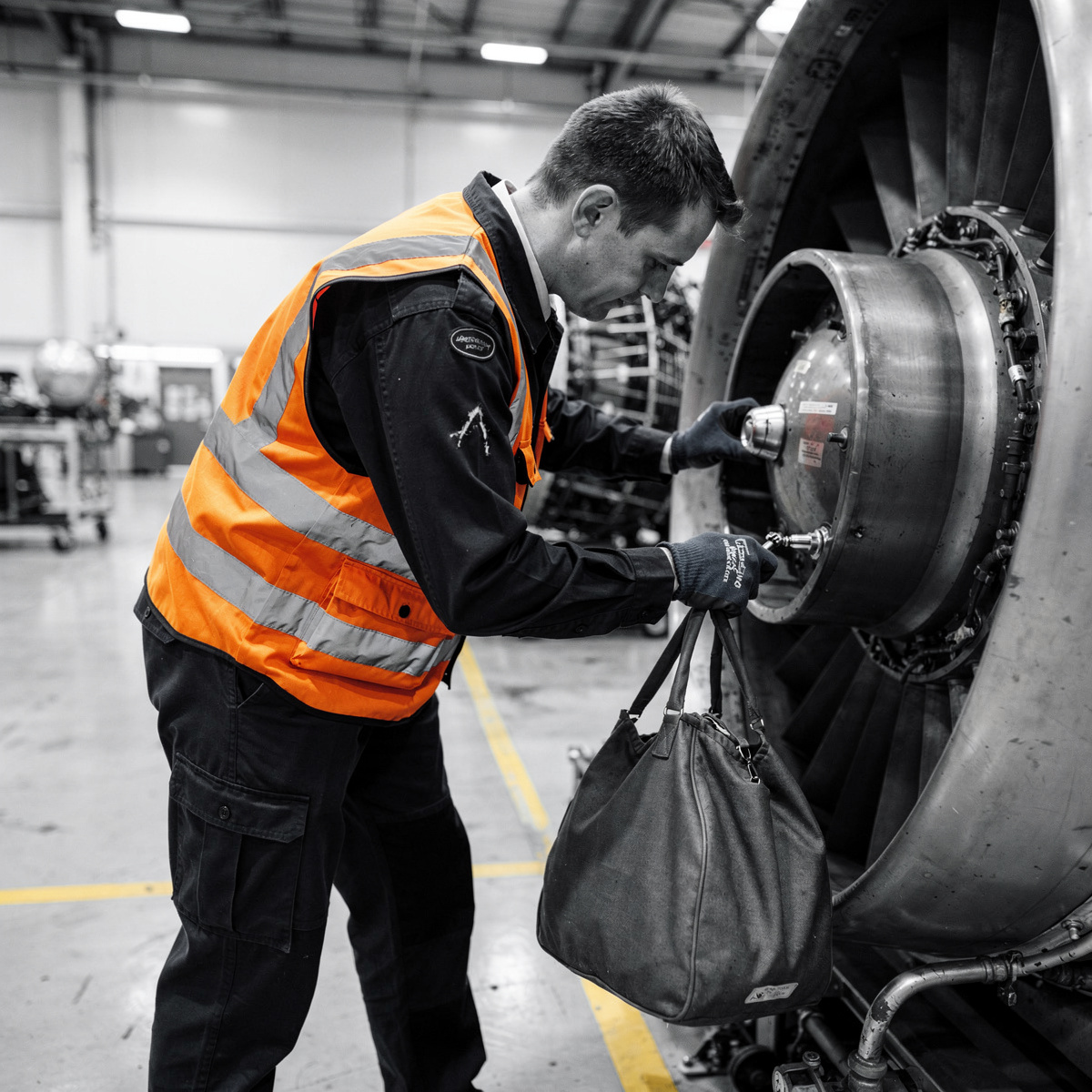 An engineer in a dark uniform works on a large turbofan engine in a brightly lit hangar, focusing on a specific component.