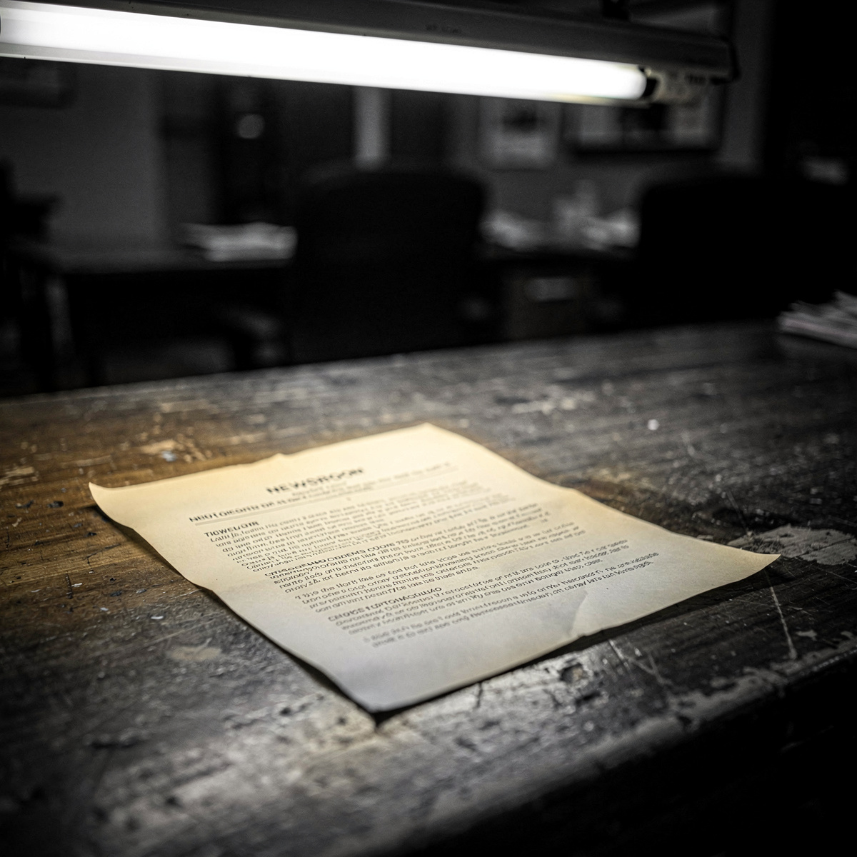 A single sheet of paper, a printout of a newsroom item, lies on a worn wooden desk, illuminated by a harsh overhead light.