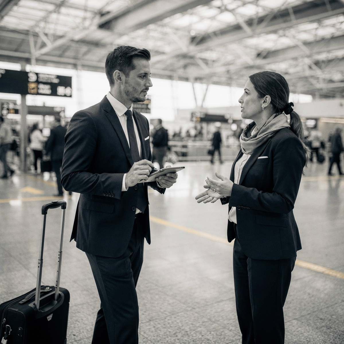 A passenger terminal at a large international airport during the day, with a Skytrax audit in progress.