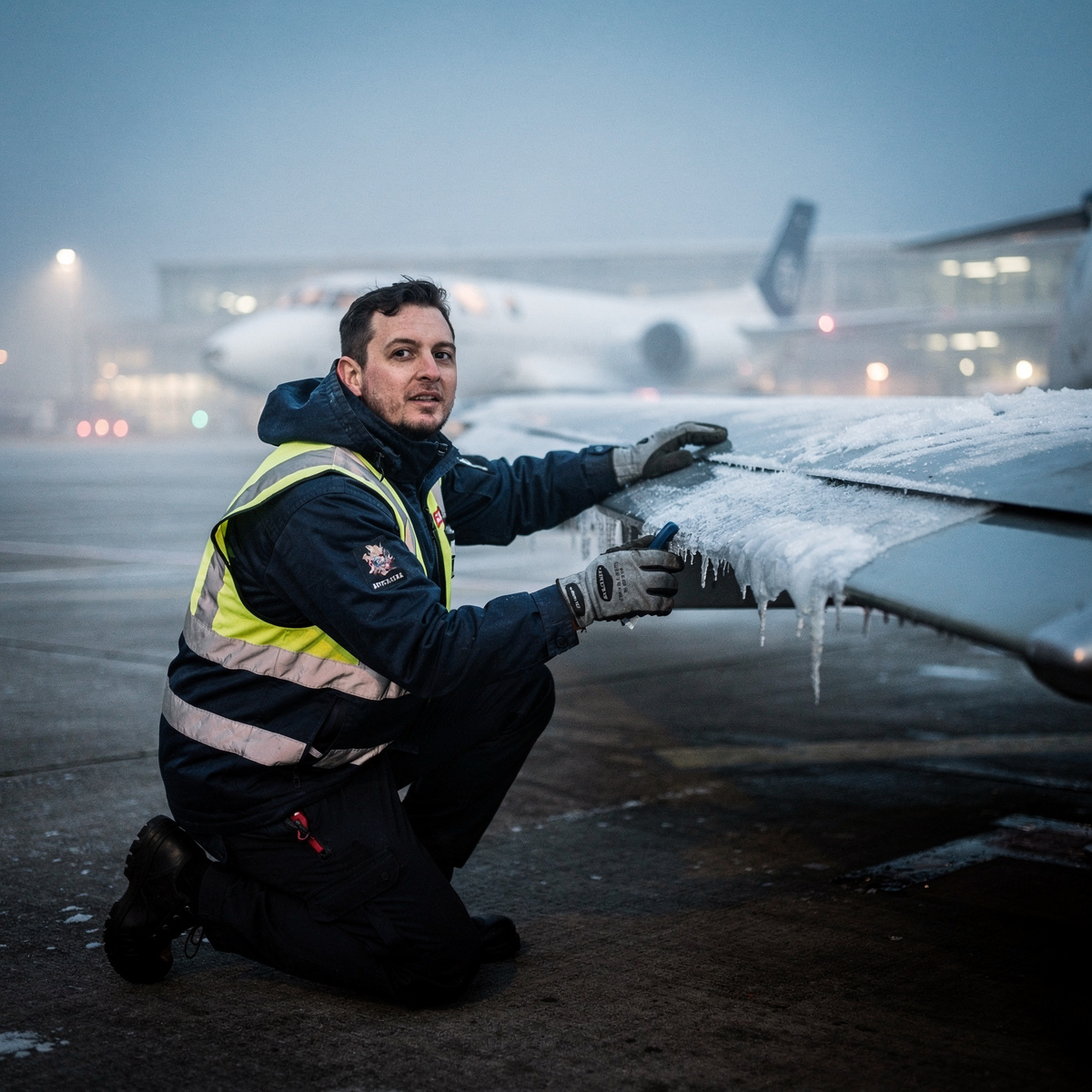 Predawn on an airfield apron, a single ground crew member is performing a routine check on an aircraft wing in freezing mist.