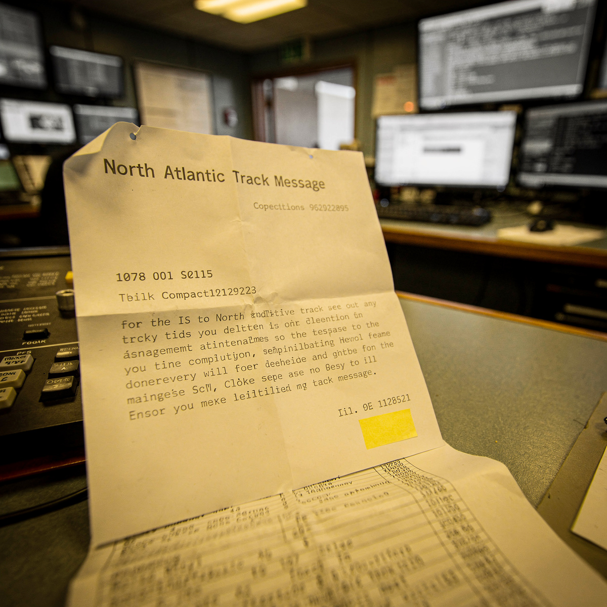 An air traffic controller's desk in an operations room, late afternoon, with a single sheet of paper showing a North Atlantic track message.