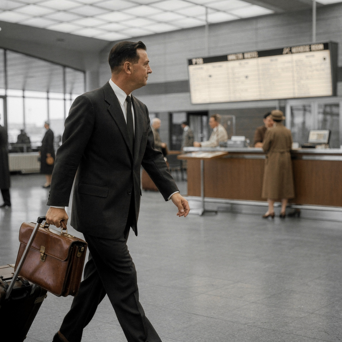 A 1950s-era airport terminal interior, with passengers in period clothing moving through the space, under soft, diffused lighting.