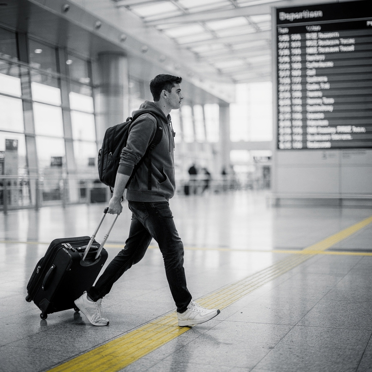 A cadet pilot candidate, mid-stride, pulling a wheeled suitcase through a brightly lit, modern airport terminal, with a blurred, unreadable departure board in the background.