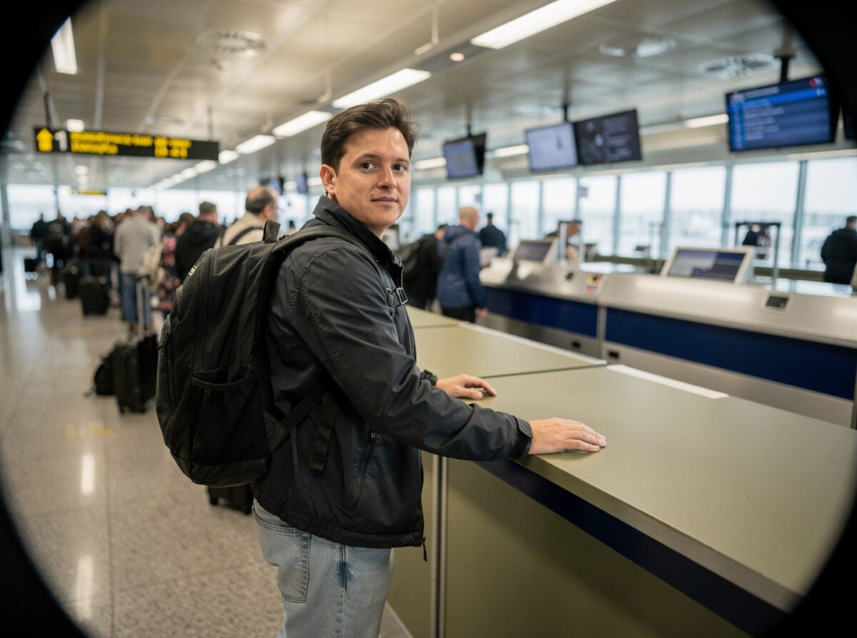 A traveler waits in a queue at an airport border control point, late morning.