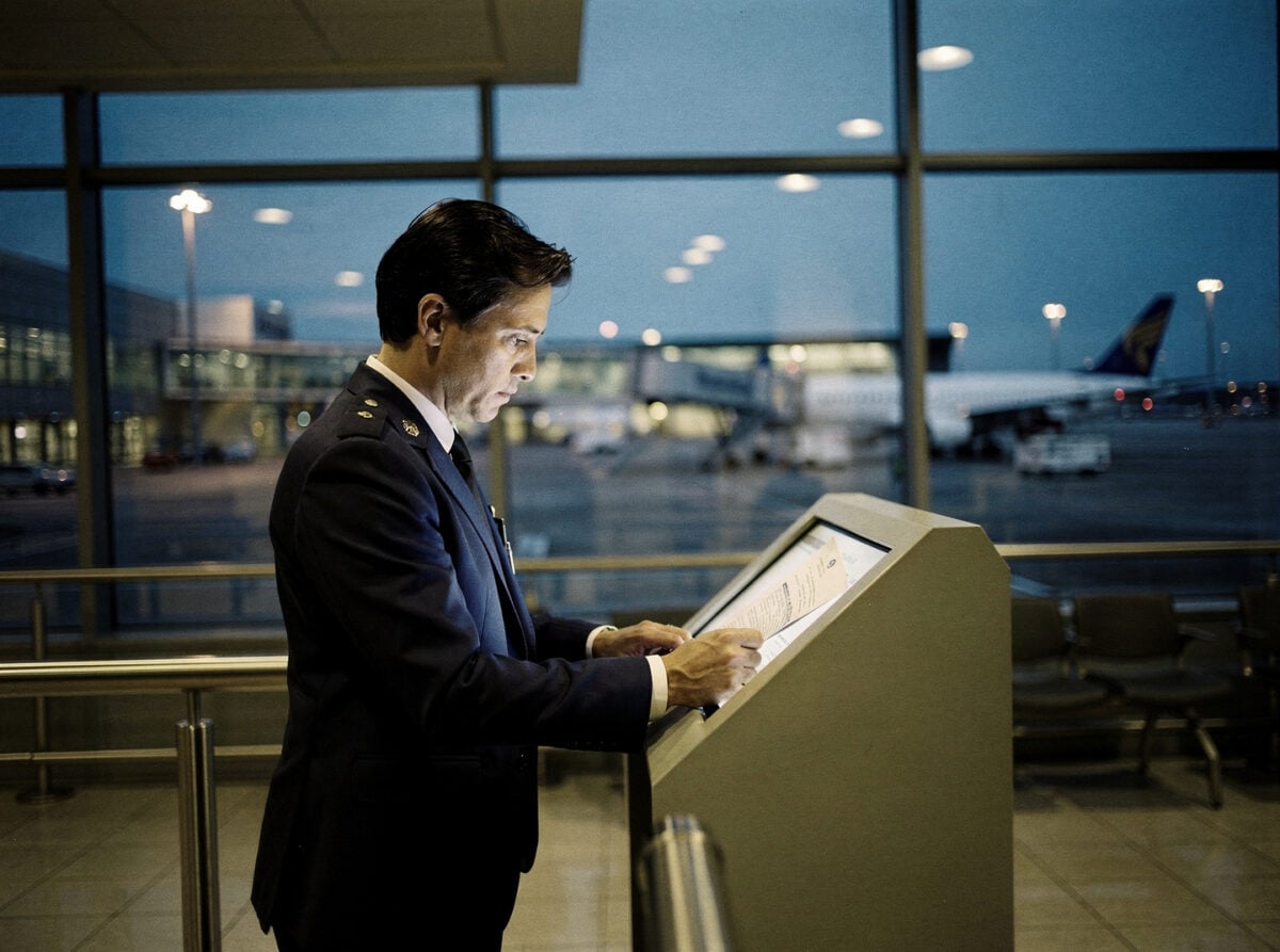 A single figure stands at a gate podium in a quiet airport departure lounge at blue hour, reviewing a document.