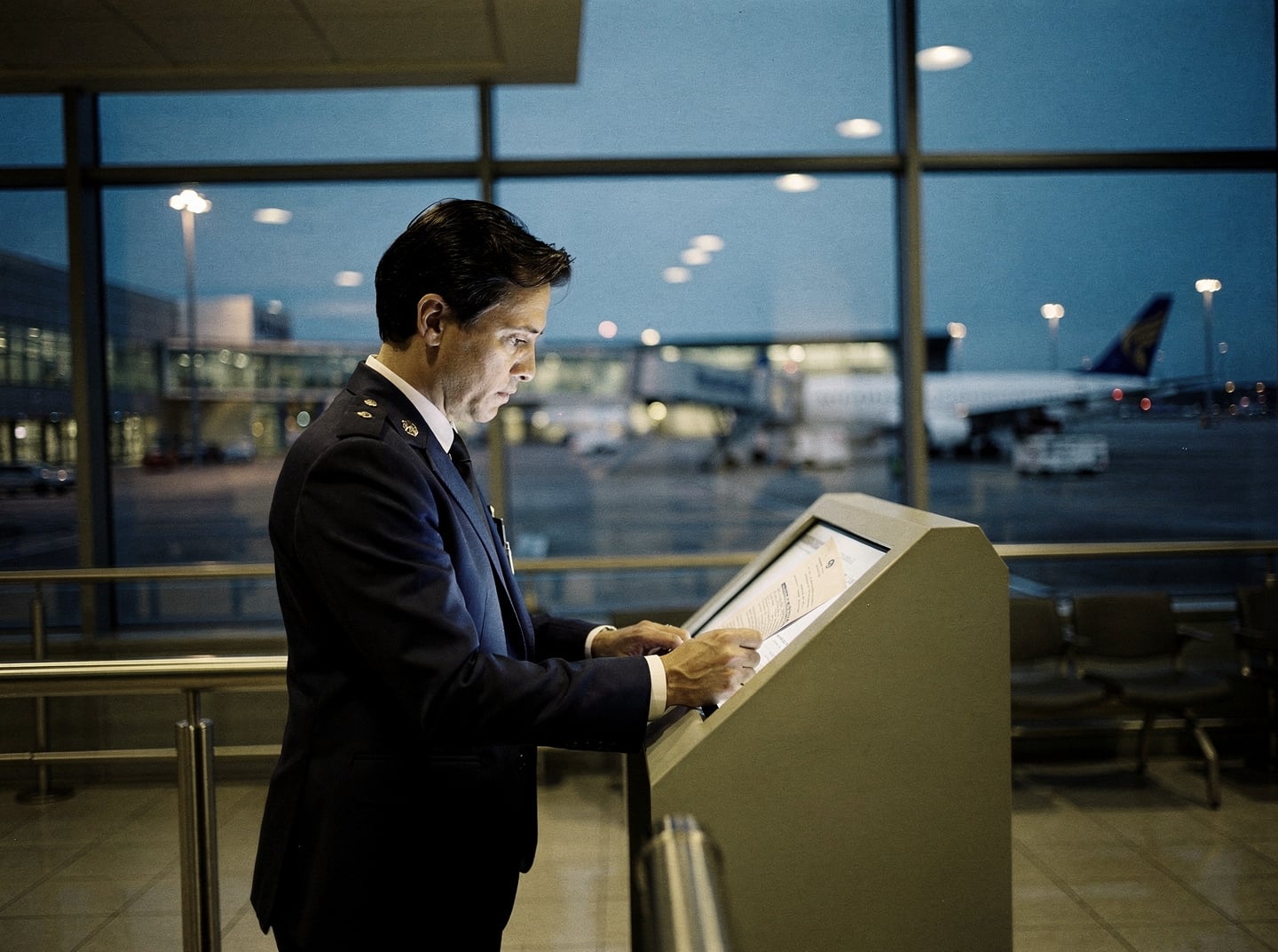 A single figure stands at a gate podium in a quiet airport departure lounge at blue hour, reviewing a document.