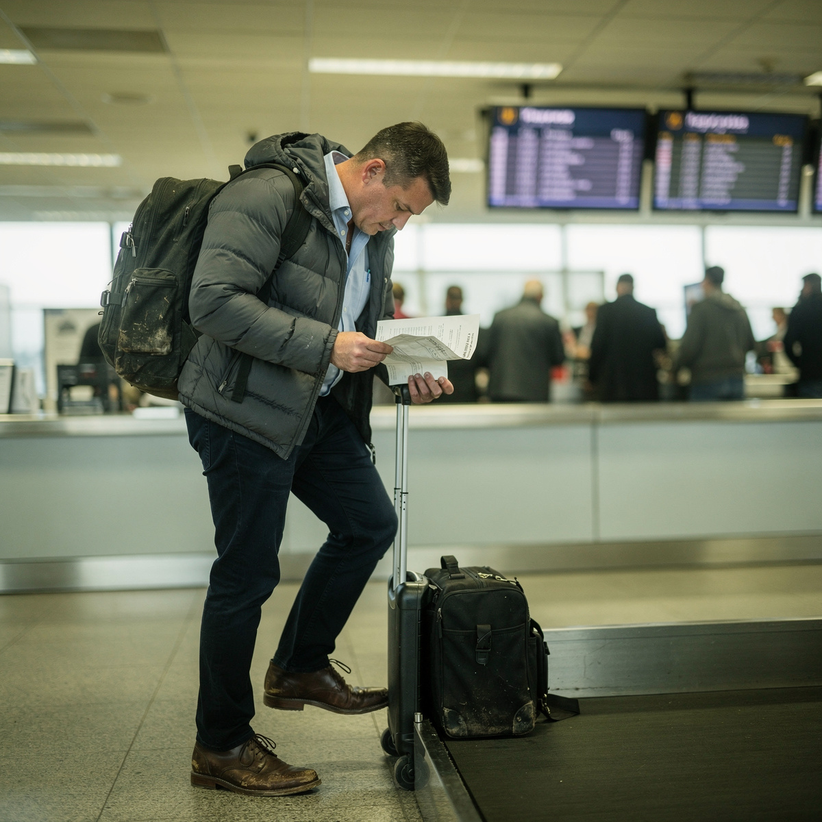 A passenger terminal in December 2014, with a single traveler checking a printed document under harsh midday light.