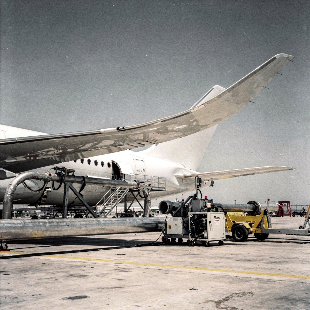 An a350 aircraft wing undergoing a static load test, bending upwards against a clear sky, with hydraulic test equipment visible in the foreground.