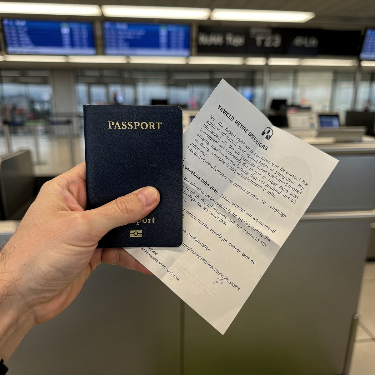 A traveler's hand holding a passport and a document, possibly a consent letter, against the backdrop of an airline check-in counter.