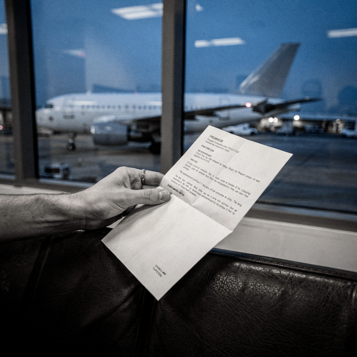 A single hand holding a generic paper document, possibly a contract or legal filing, with an aircraft visible through a window in the background. The scene is set during the blue hour, with cool lighting.