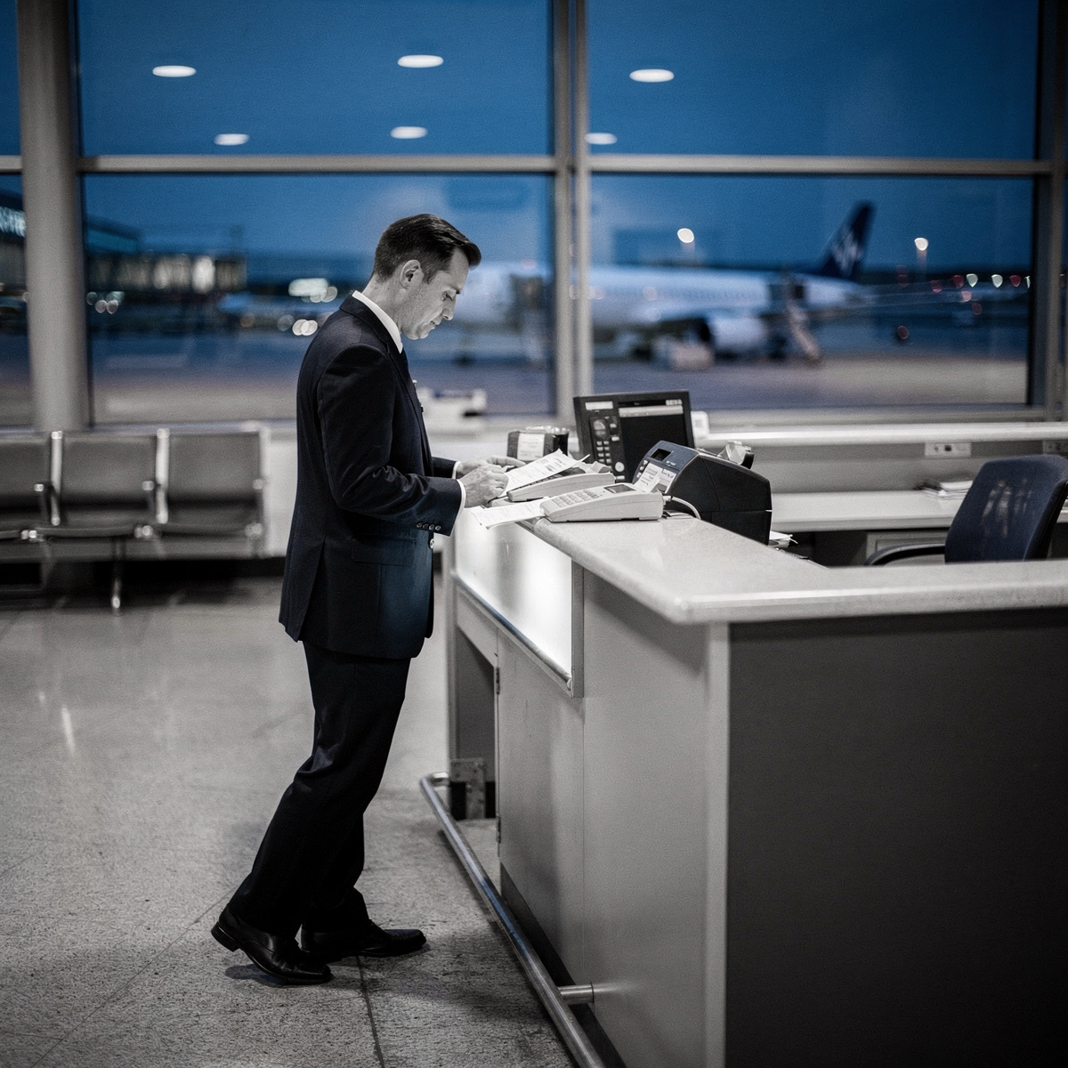An empty gate area in an airport terminal, late at night, with a single gate agent at the counter.