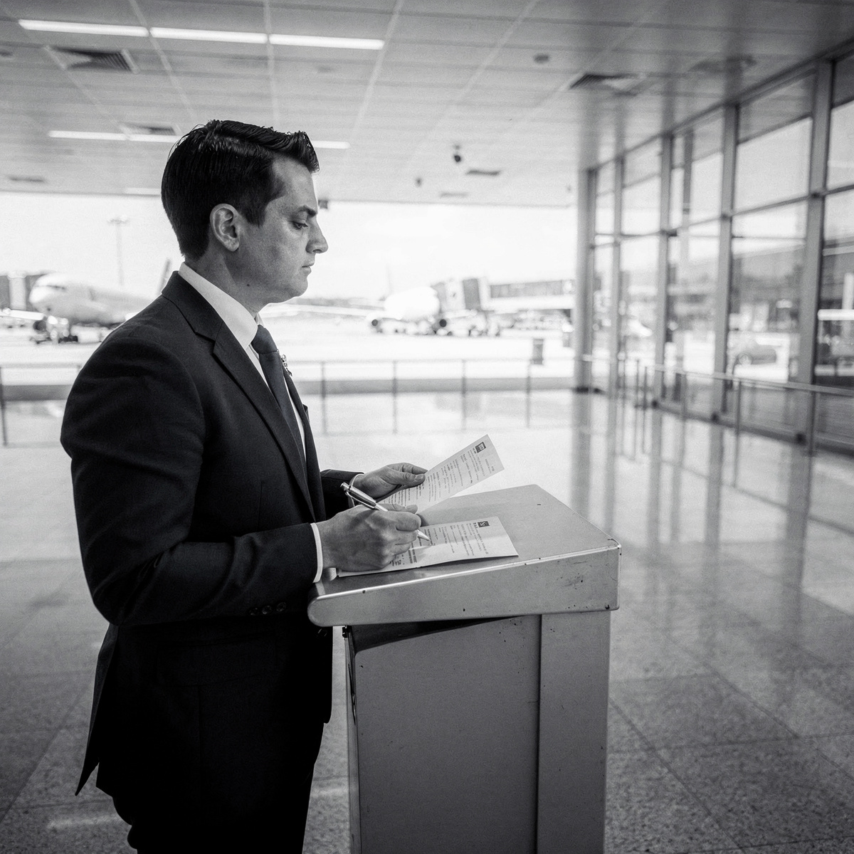 A passenger stands at an airport gate podium, looking at a document, with an empty departure gate area in the background under harsh midday light.