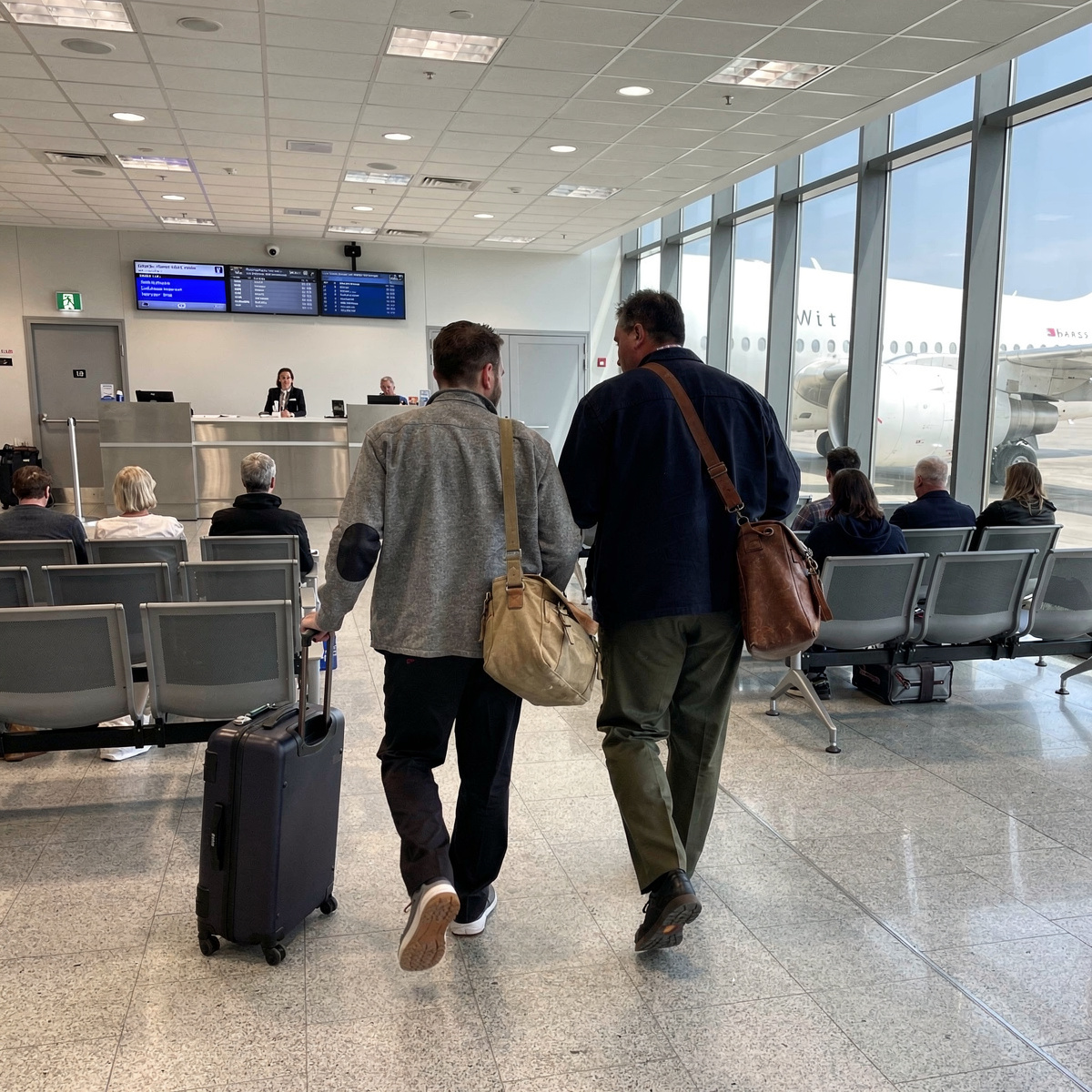 Departure gate area of a generic modern terminal in harsh early-afternoon light, two passengers walking away from the gate podium toward the jetbridge after a seat change, other travellers waiting at the gate seating beyond.