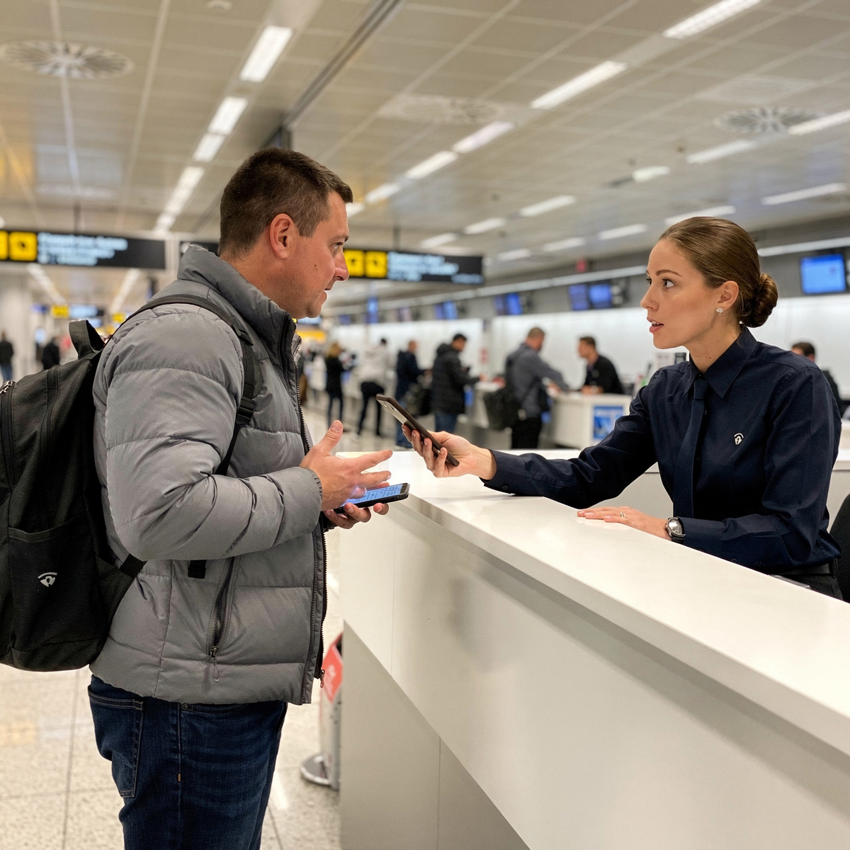 An airline customer service desk at a busy airport terminal, with a passenger engaged in a discussion with an agent. Midday, under harsh fluorescent lighting.