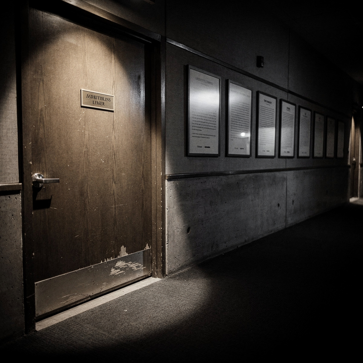 A dimly lit, empty courtroom at night, a single spotlight illuminates a closed door with an unreadable placard, suggesting the finality of a legal decision.