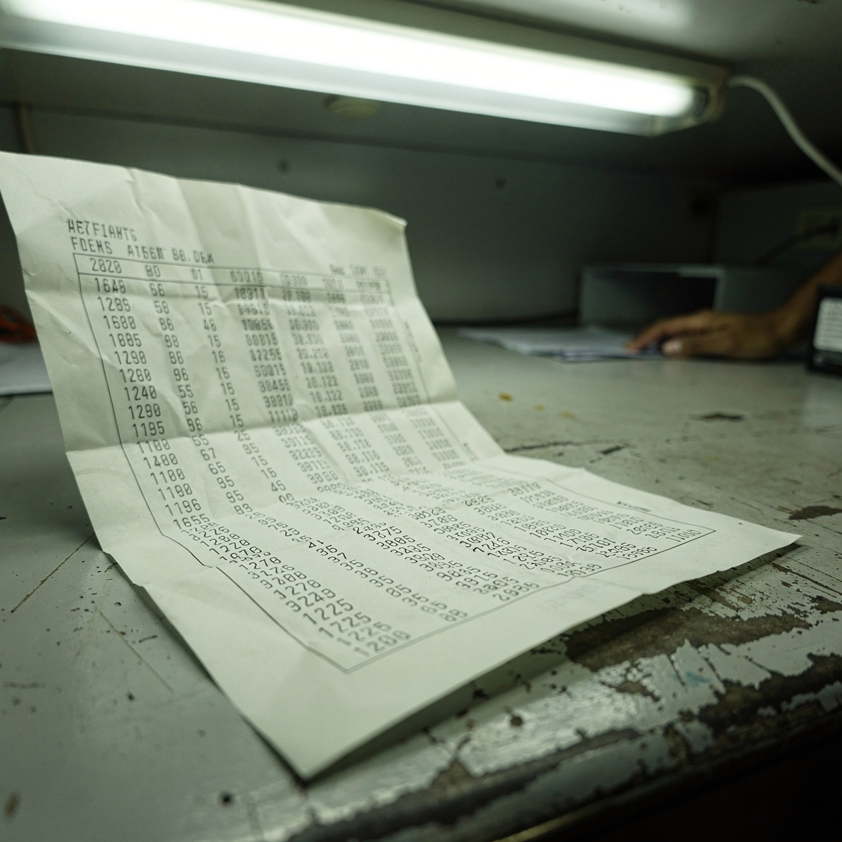 A single sheet of paper, a printout of a flight schedule, lies on a worn grey desk under harsh overhead fluorescent light.