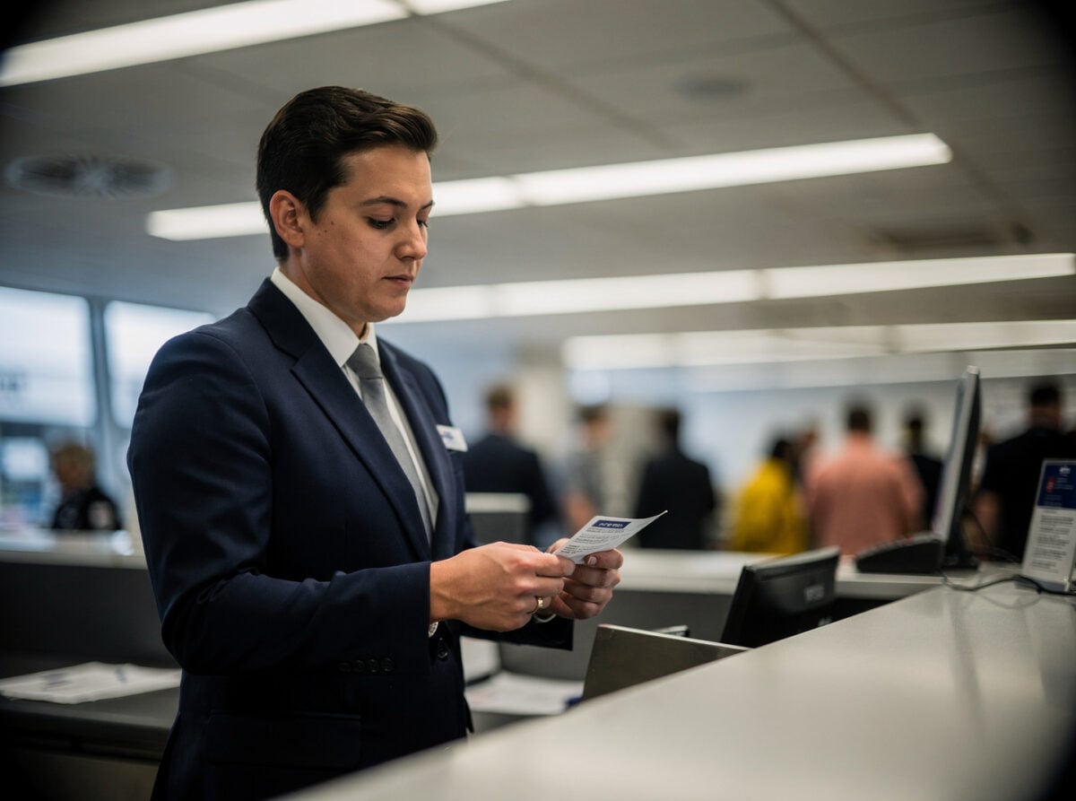 A gate agent stands at a boarding pass counter, scrutinizing a document under harsh overhead fluorescent lighting, late morning.
