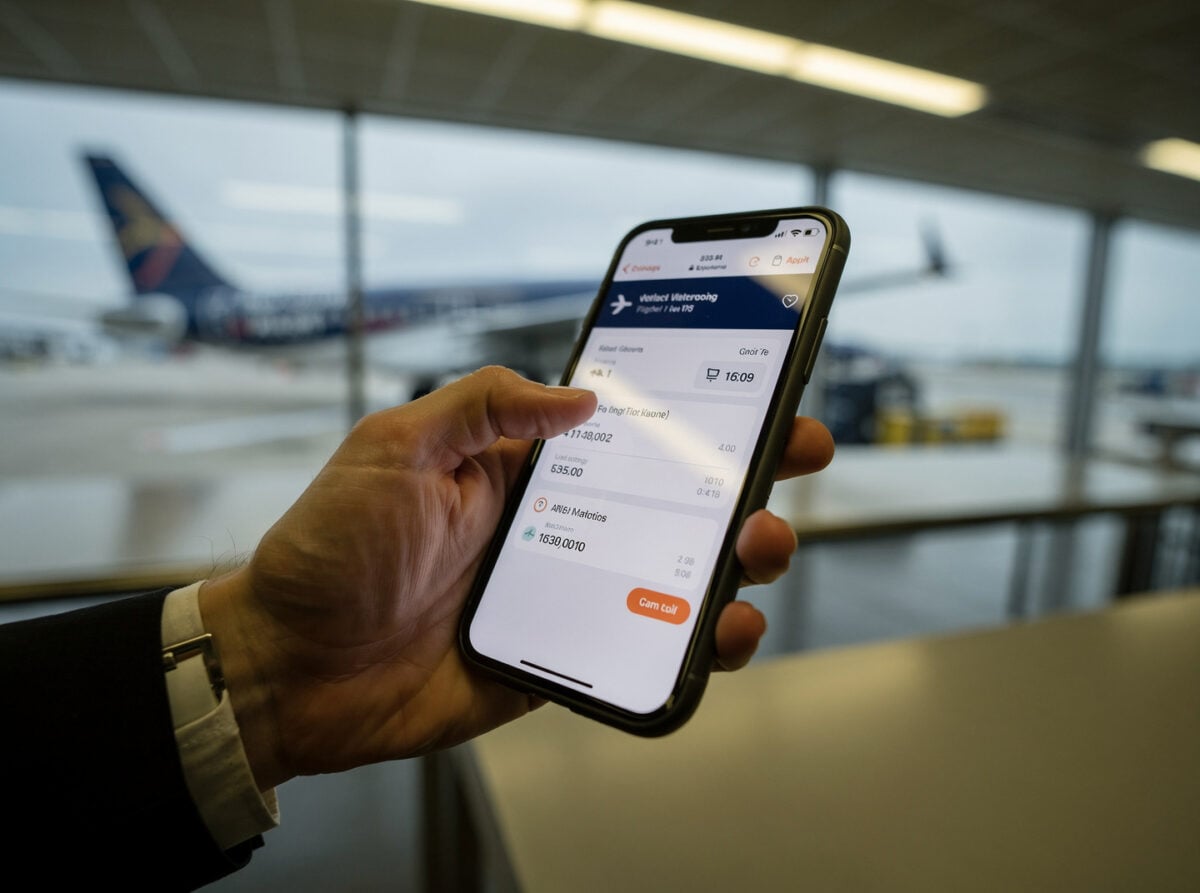 A hand holds a smartphone displaying a flight booking interface, with a blurred aircraft in the background.