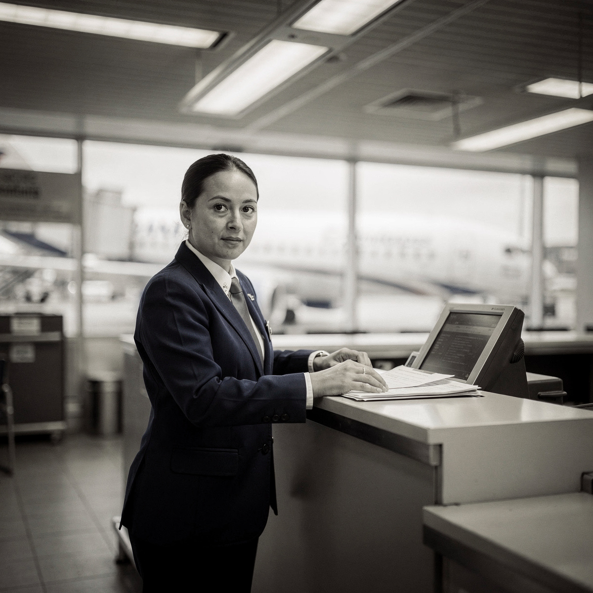 An airline gate agent stands at a counter, reviewing documents under overhead fluorescent lighting, with a muted terminal background.