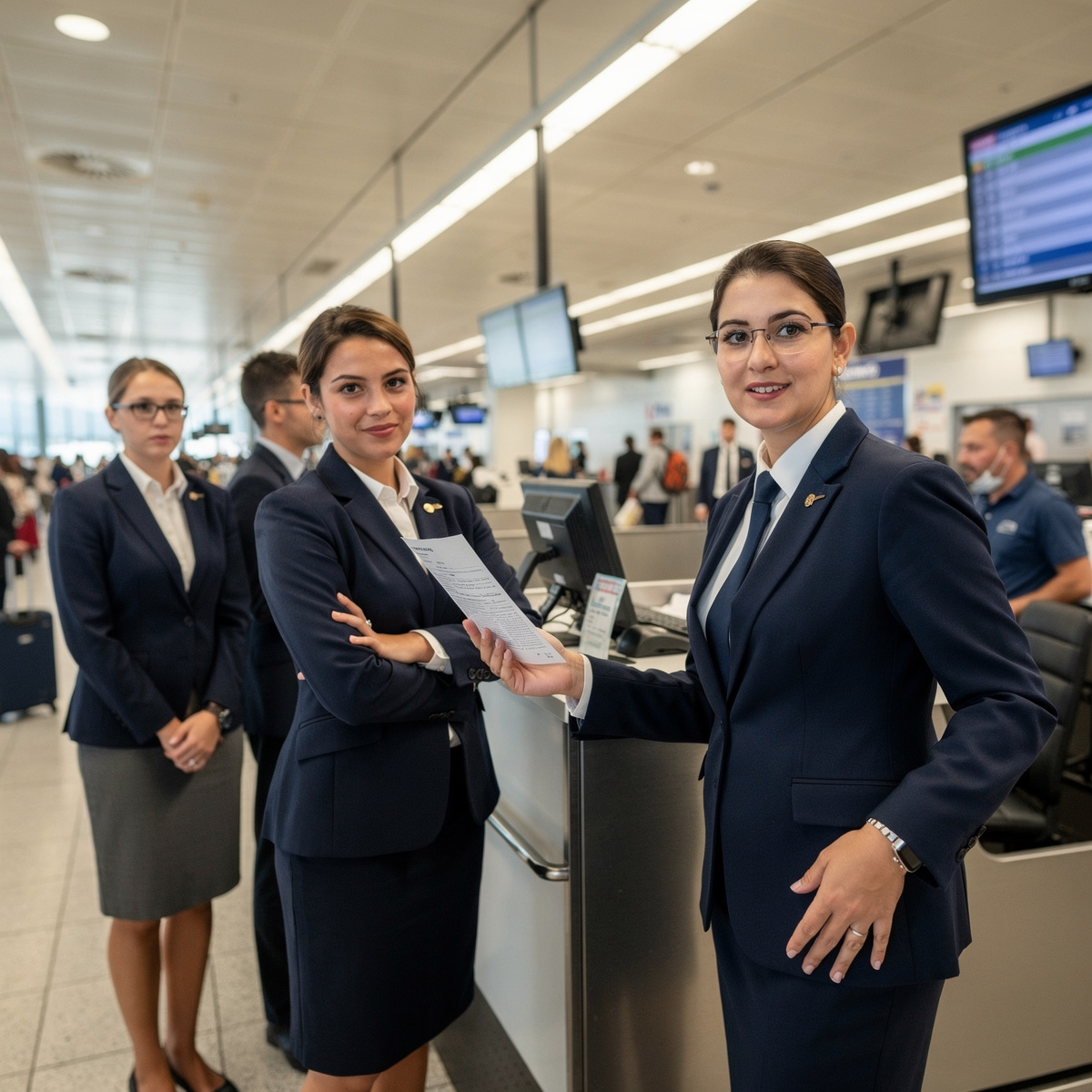 An airline check-in counter at a busy international airport, late morning.