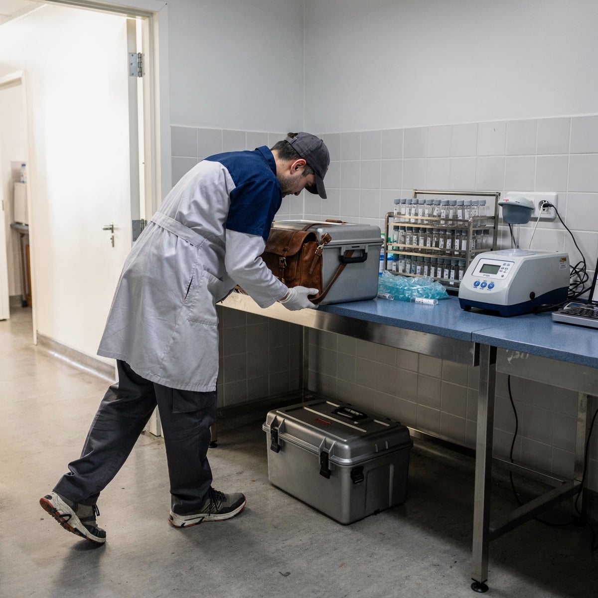 Mid-morning sample intake room of a veterinary diagnostic laboratory, a sealed insulated transport box being set down on the steel-framed intake bench while a technician lifts a rack of serum tubes from the counter, cold white light from ceiling work fittings.