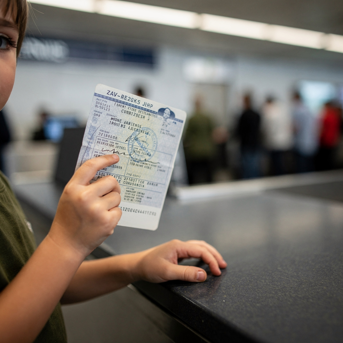 A focused close-up on a child's hand holding a travel document, set against the blurred background of an airport check-in counter during the day.