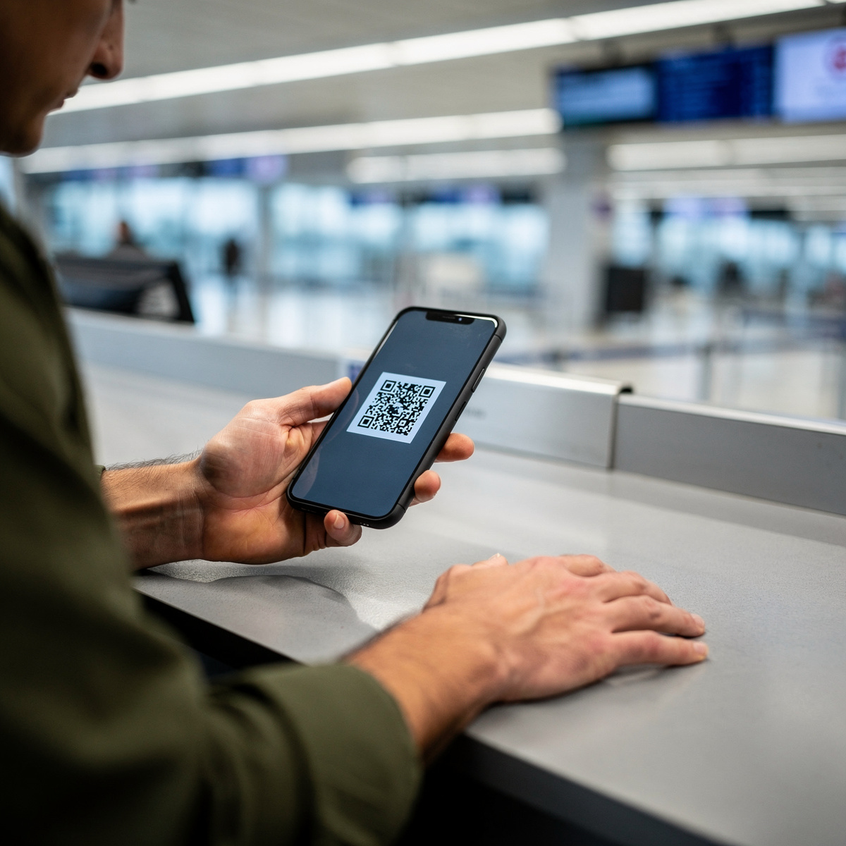 A traveler's hands are visible at a border control desk, with a QR code on a smartphone. The setting is a functional, clean, generic commercial aviation environment.