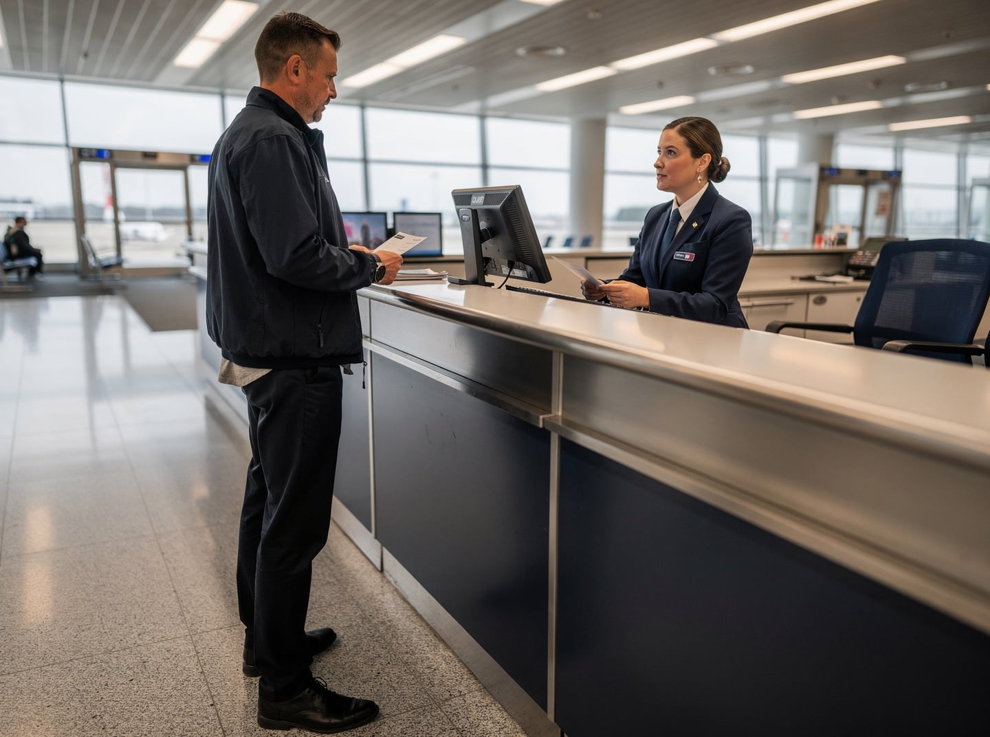 A passenger stands at a gate counter, looking at a gate agent, in the middle of the day.