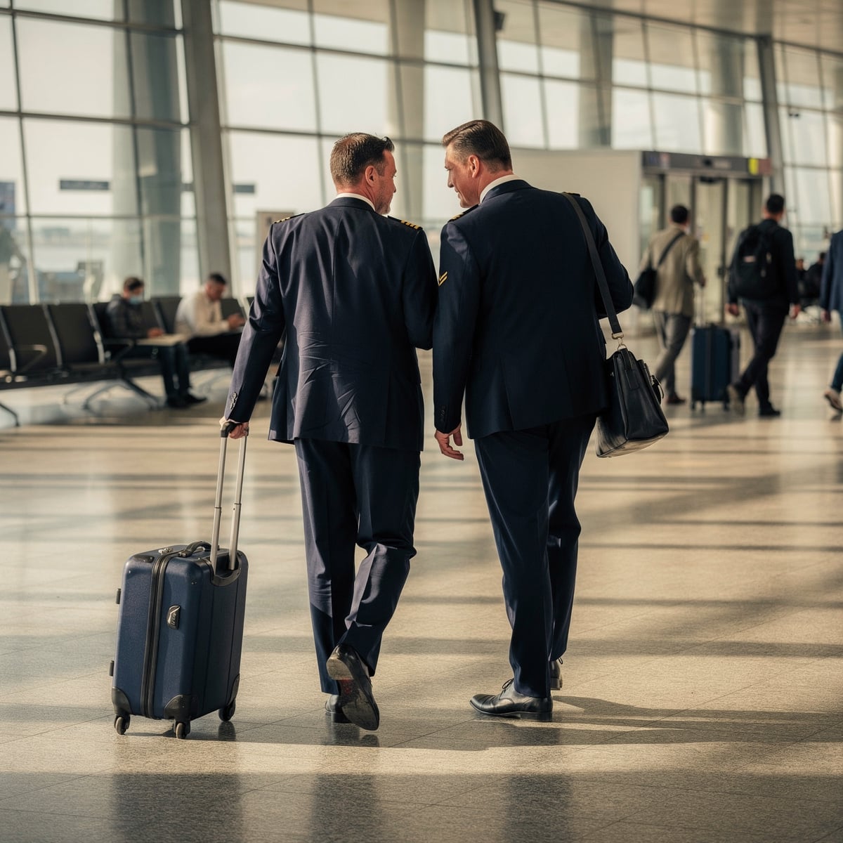 Midday in a modern airport terminal concourse, harsh sun raking through the glazing across a grey stone floor, two uniformed pilots walking away from the camera among passing travellers.