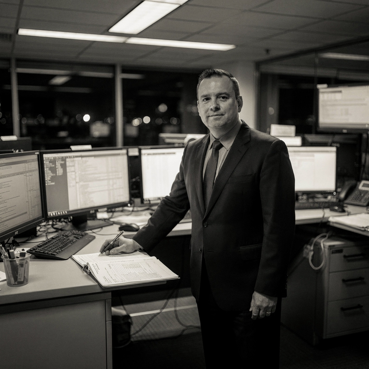 An airline operations center at night, showing a flight dispatcher at a desk reviewing documents.