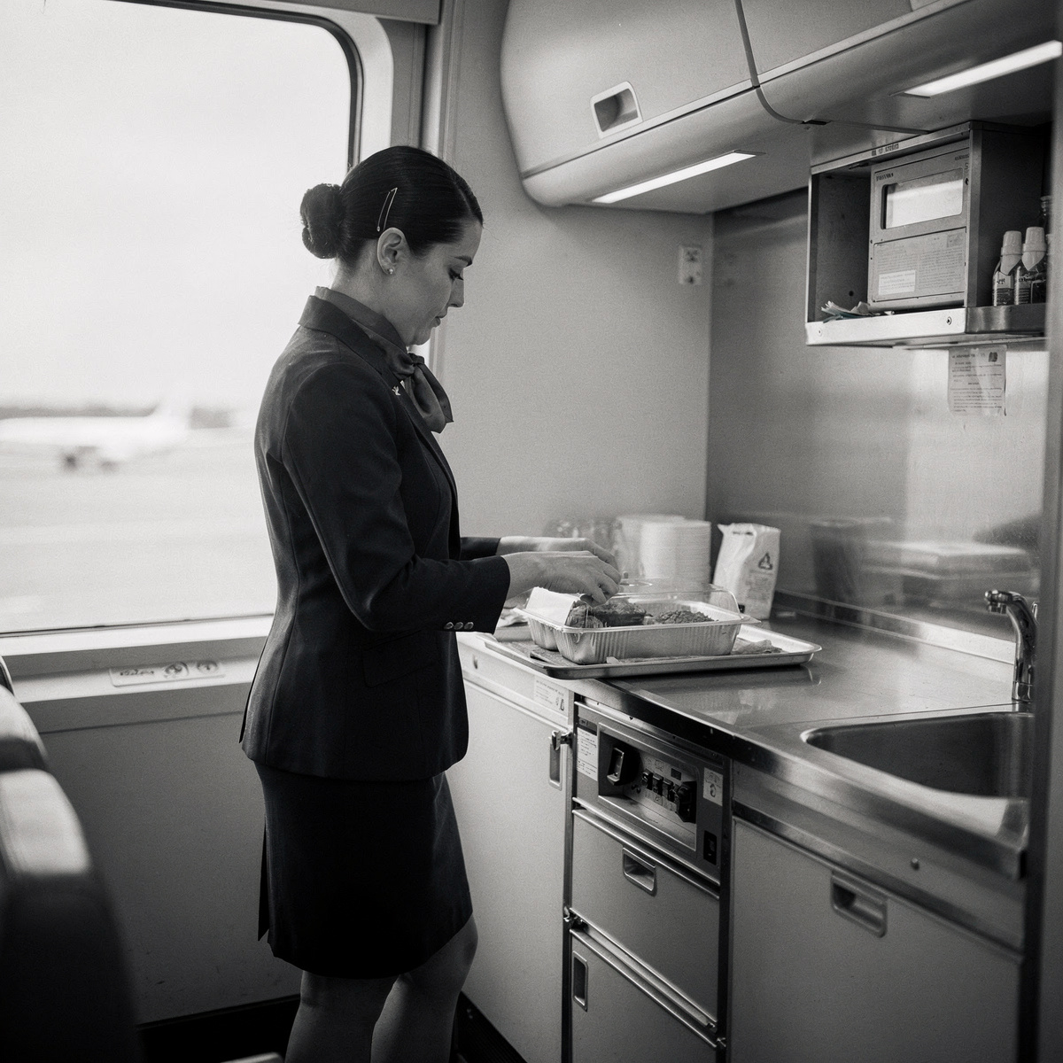 A flight attendant in a dark navy uniform stands in a galley, preparing a meal tray during an overcast day.