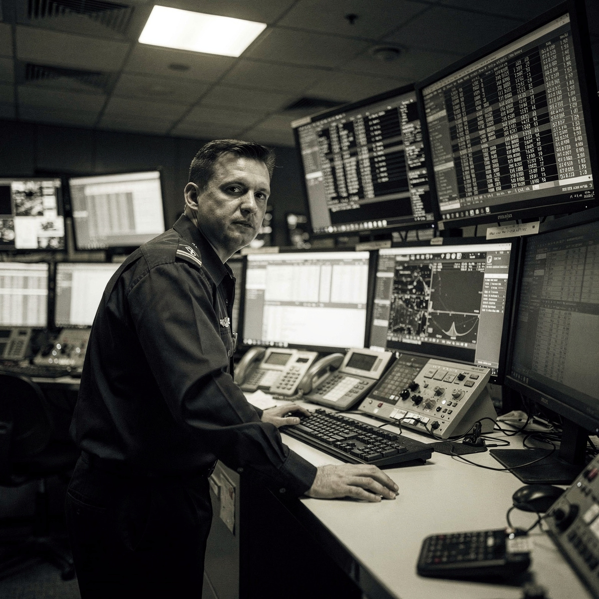 An air traffic controller's workstation at night, displaying complex, unreadable flight data on multiple screens, with a single figure leaning in intently.