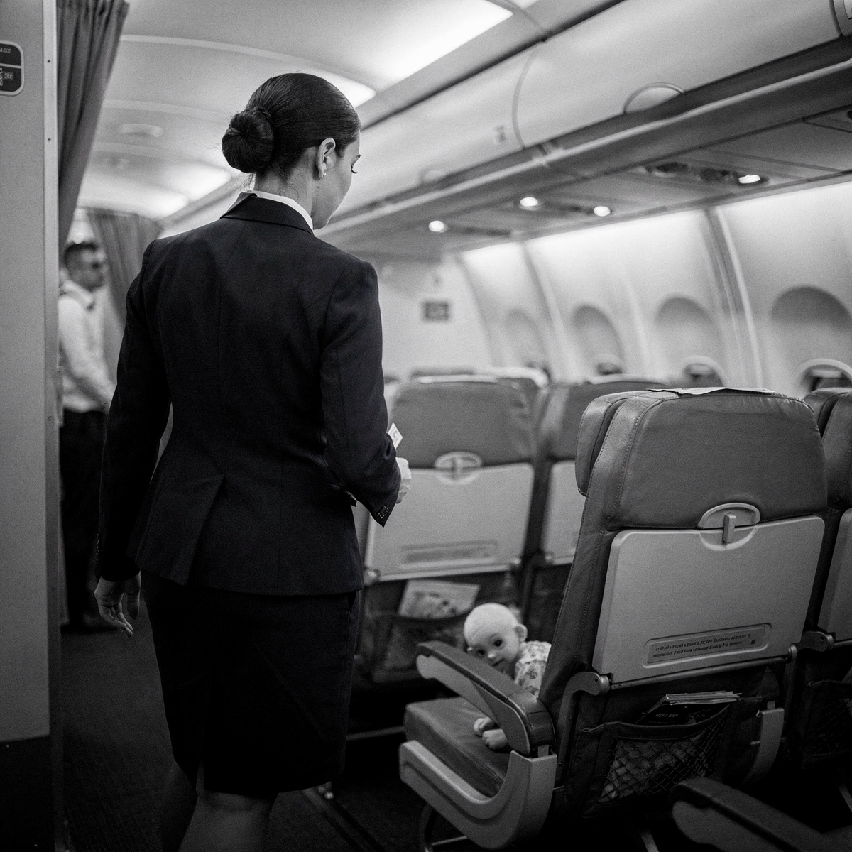 A female flight attendant stands in a standard economy cabin, her back to the camera, looking at a seat with a small child's toy on it. The cabin is lit with cool white overhead lighting.