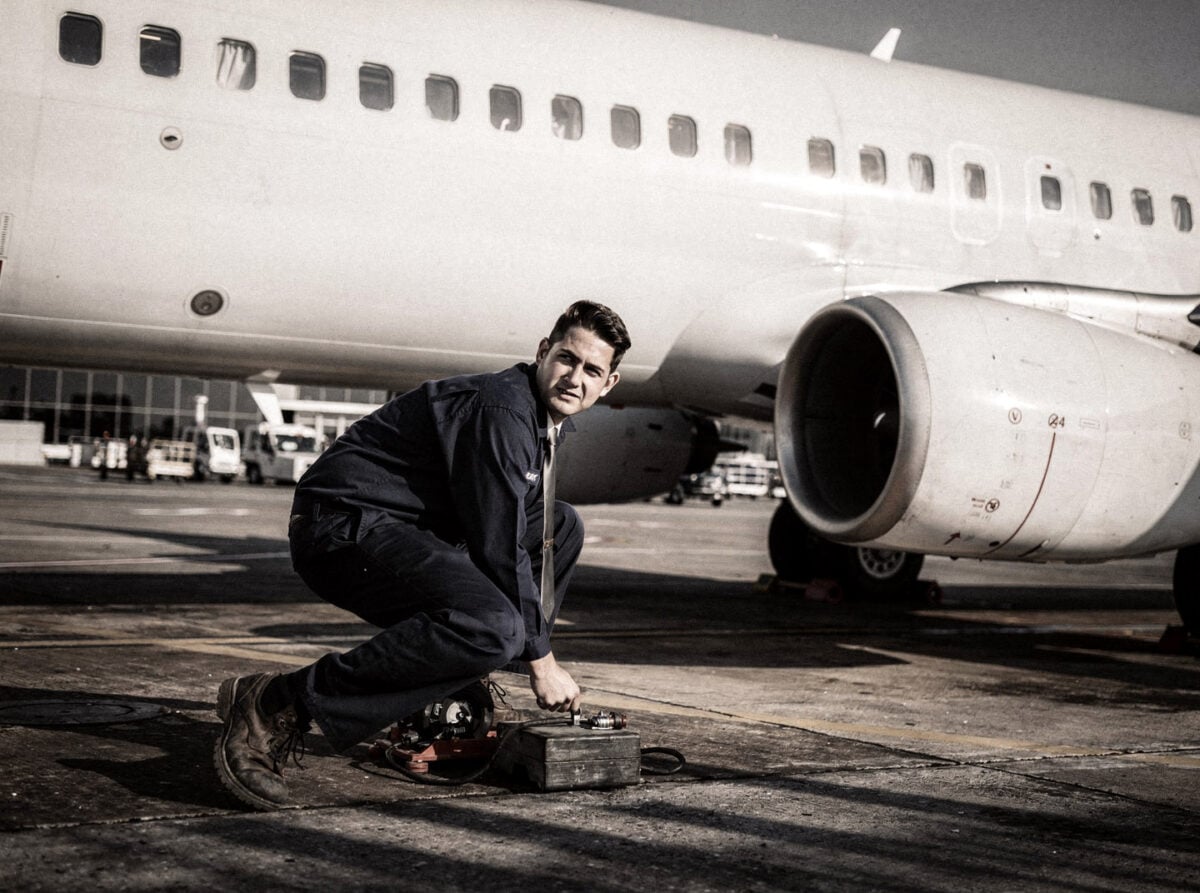 A ground crew member works on a Boeing 737-800 at an airport gate under harsh midday sun.