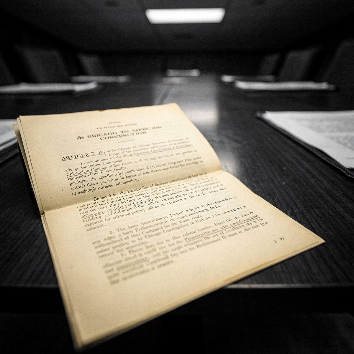 A legal document, a copy of Article 7 of the Chicago Convention, lies open on a dark wooden conference table, illuminated by a single overhead light source.