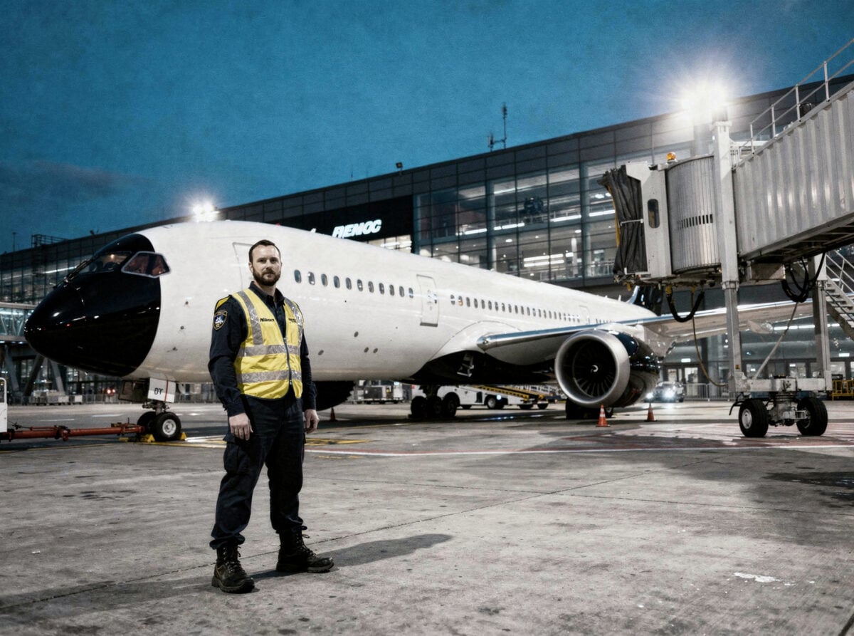 A Boeing 787 Dreamliner parked at a gate during blue hour, jetbridge connected, with ground crew working around the aircraft.