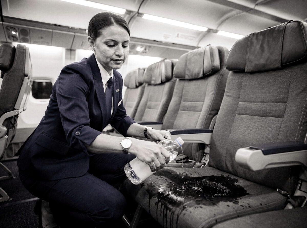 A flight attendant in a generic commercial aircraft cabin, applying water from a bottle to a smoldering seat cushion. The cabin is lit by standard cool white overhead lighting.